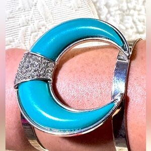 CUFF BRACELET Horn Shape Silver-Tone Pave Crystal Glass Faux Turquoise 5494 P